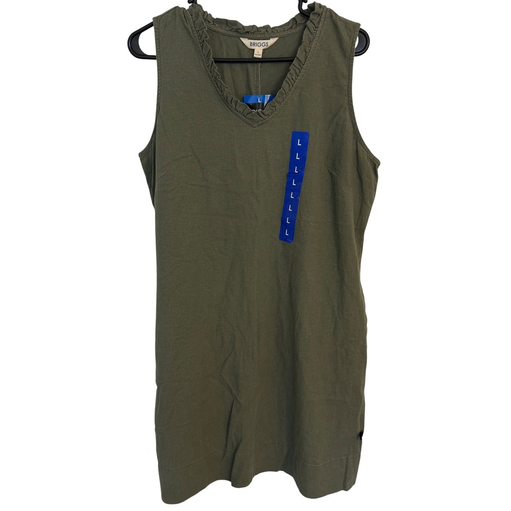 Briggs Womens Olive Green Linen Blend Ruffle V-Neck Sleeveless Shift Dress L NEW